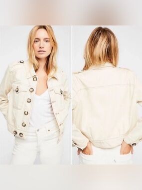Free People 100% Cotton Denim Slouchy Eisenhower Jean Jacket in Ecru Sand (XS)